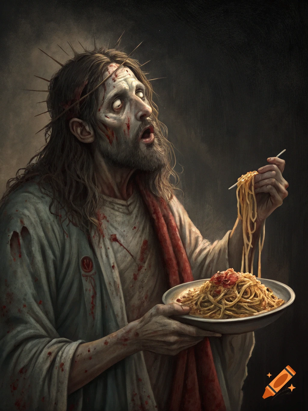 A painting of a zombified Jesus with a crown of thorns, eating spaghetti with a fork from a bowl, against a dark background.