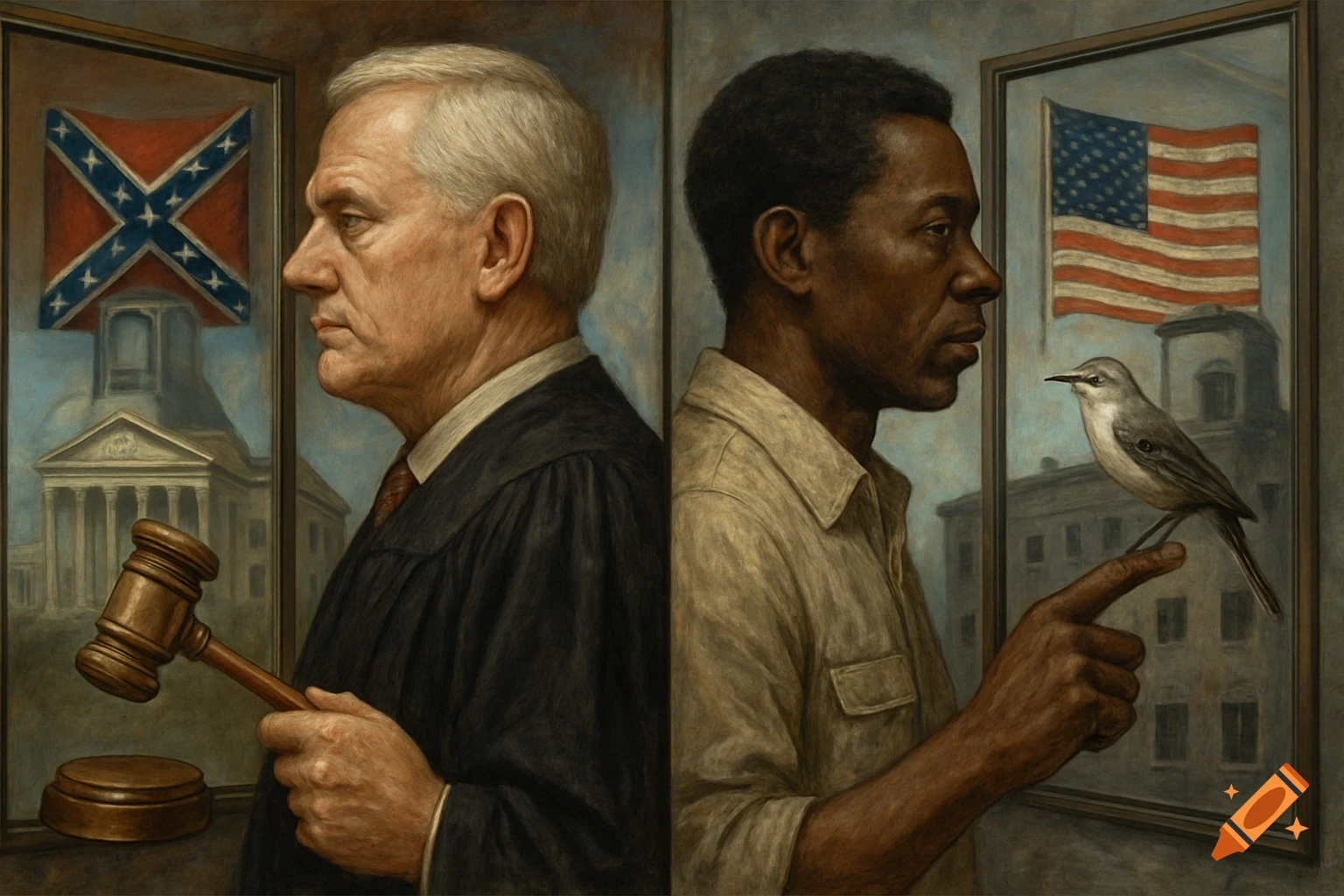 Two men in profile facing away. White judge with gavel by Confederate flag, Black man with bird by American flag.