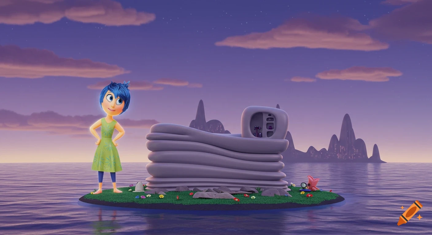 Joy from Inside Out stands on a small island with a large grey structure and pink creature.