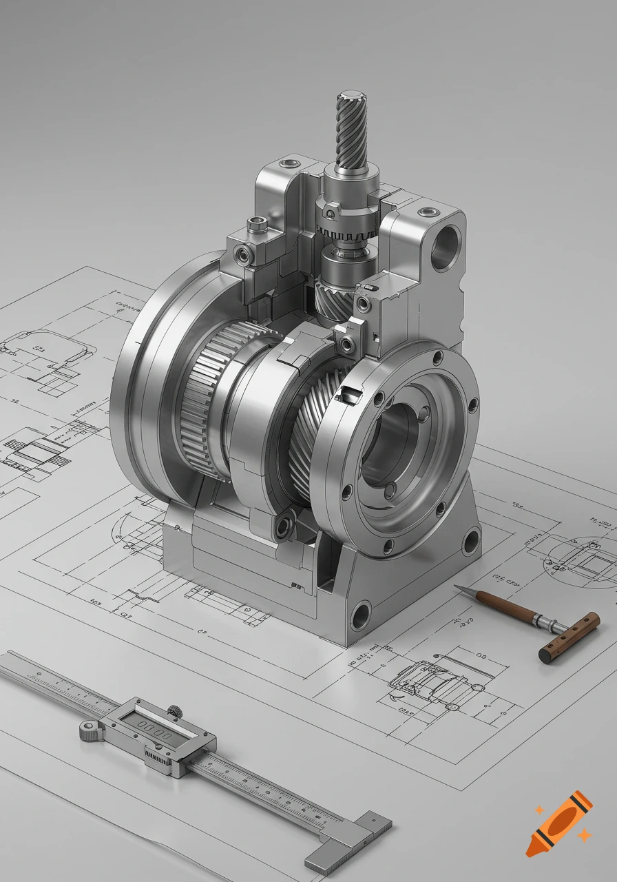 3D render of a cross-section of a mechanical gearbox placed on top of technical blueprints, with a caliper and tool nearby.
