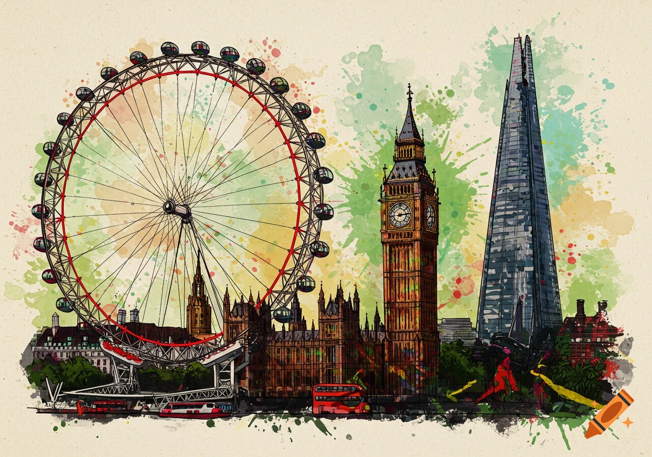 Watercolor illustration of London landmarks: London Eye, Big Ben, and The Shard with paint splashes.