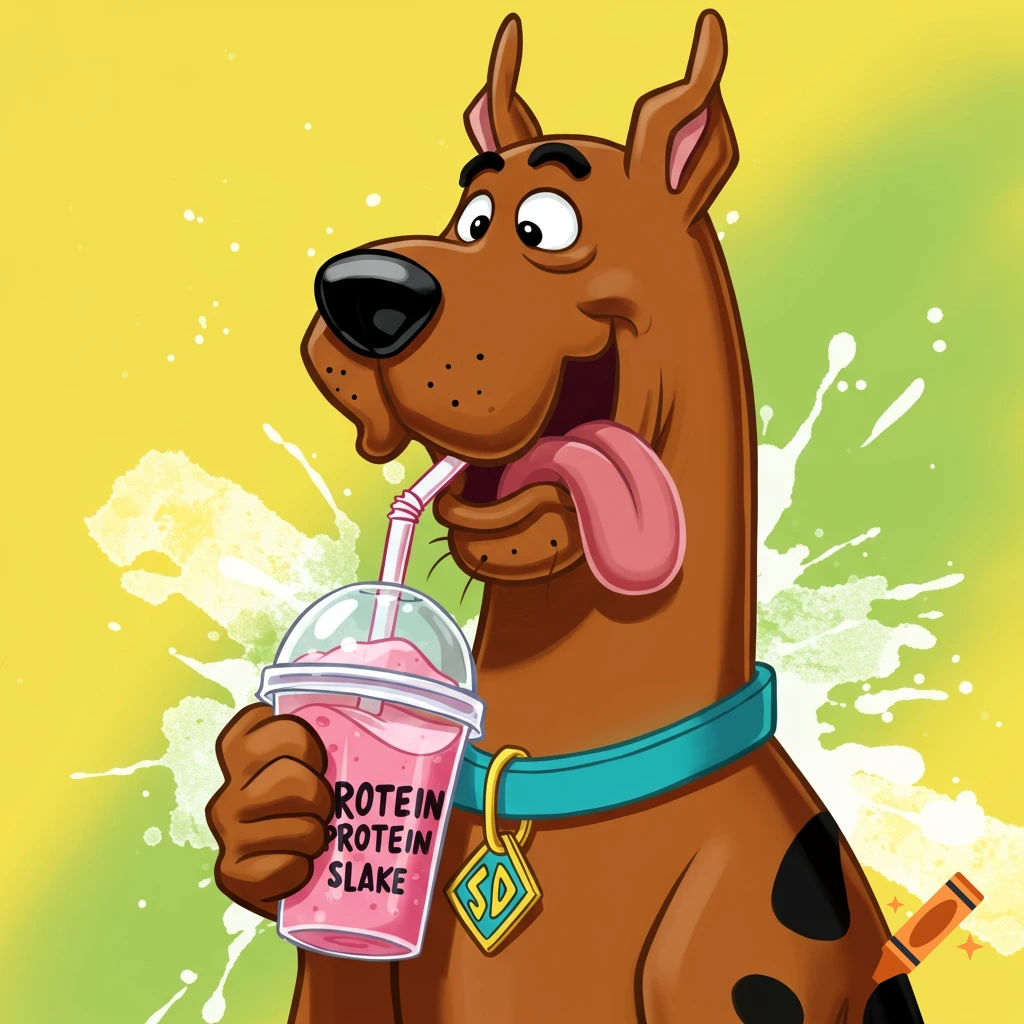Scooby-Doo happily drinking a pink protein shake from a cup, cartoon style.