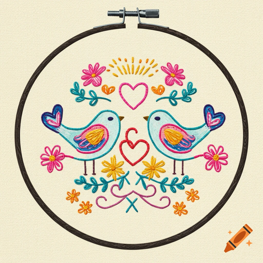 Colorful embroidery pattern with two birds facing each other, surrounded by hearts, flowers, and leaves inside an embroidery hoop.