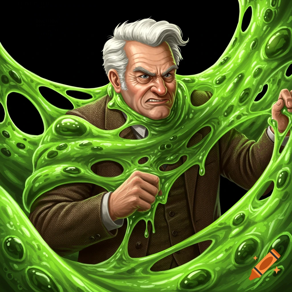 Angry older man with white hair covered in bright green slime.