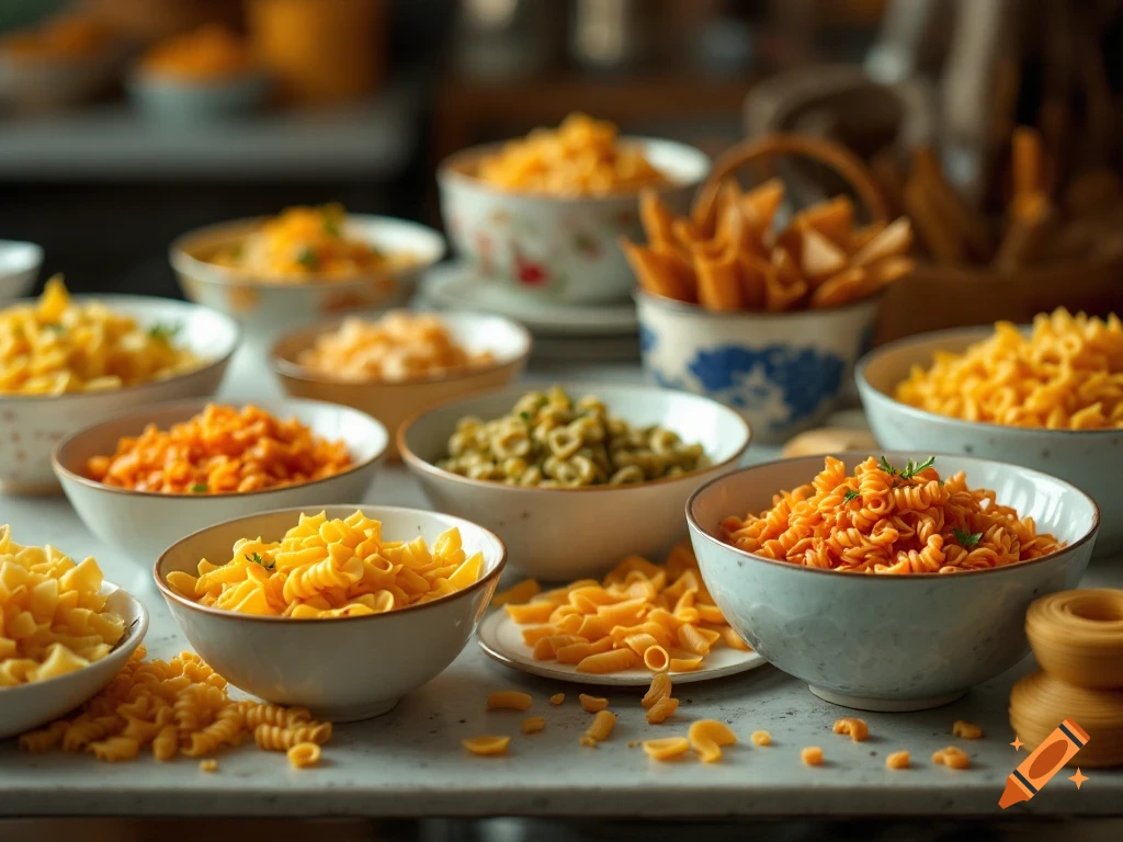 Close-up photo of multiple bowls filled with various shapes of dry pasta on a surface.