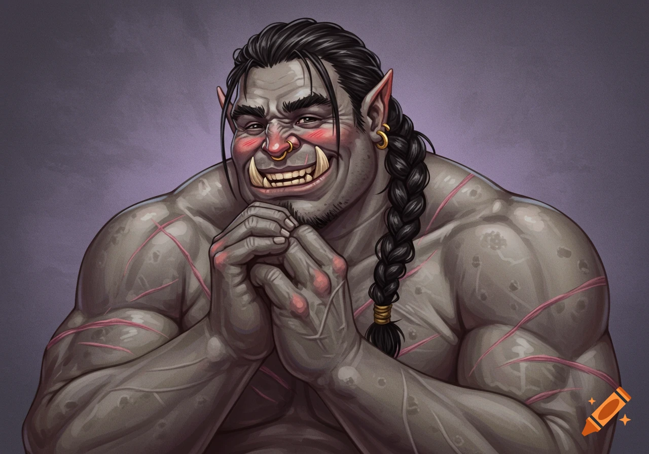 Portrait of a muscular orc with scars, braid, and nose ring smiling shyly with hands clasped.