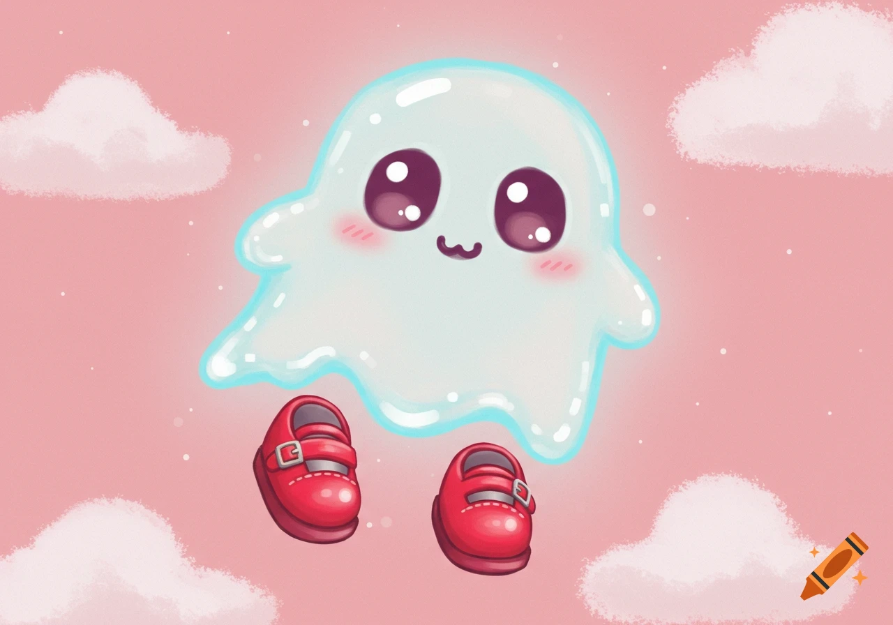 A cute cartoon ghost wearing red shoes floats among clouds on a pink background.