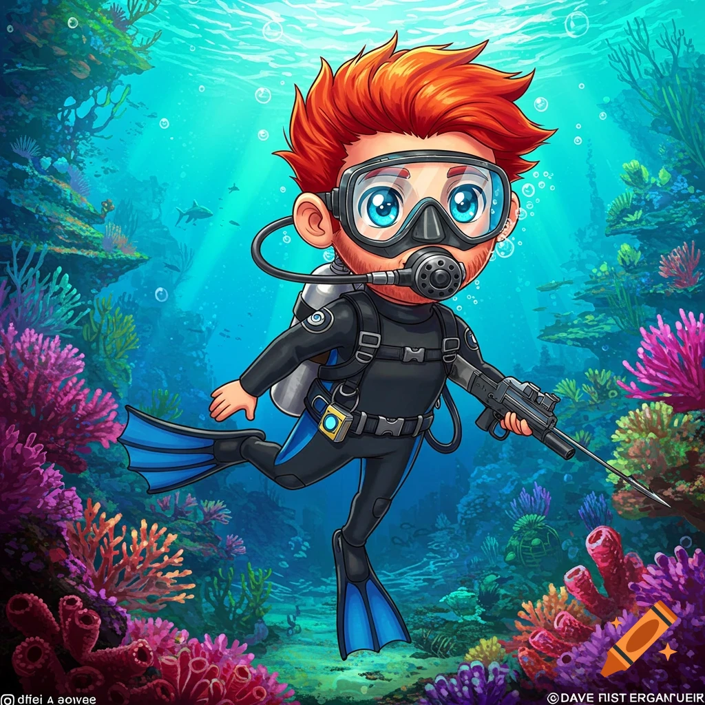 Cartoon illustration of a red-haired character with blue eyes in scuba gear, diving in a coral reef with a spear gun.