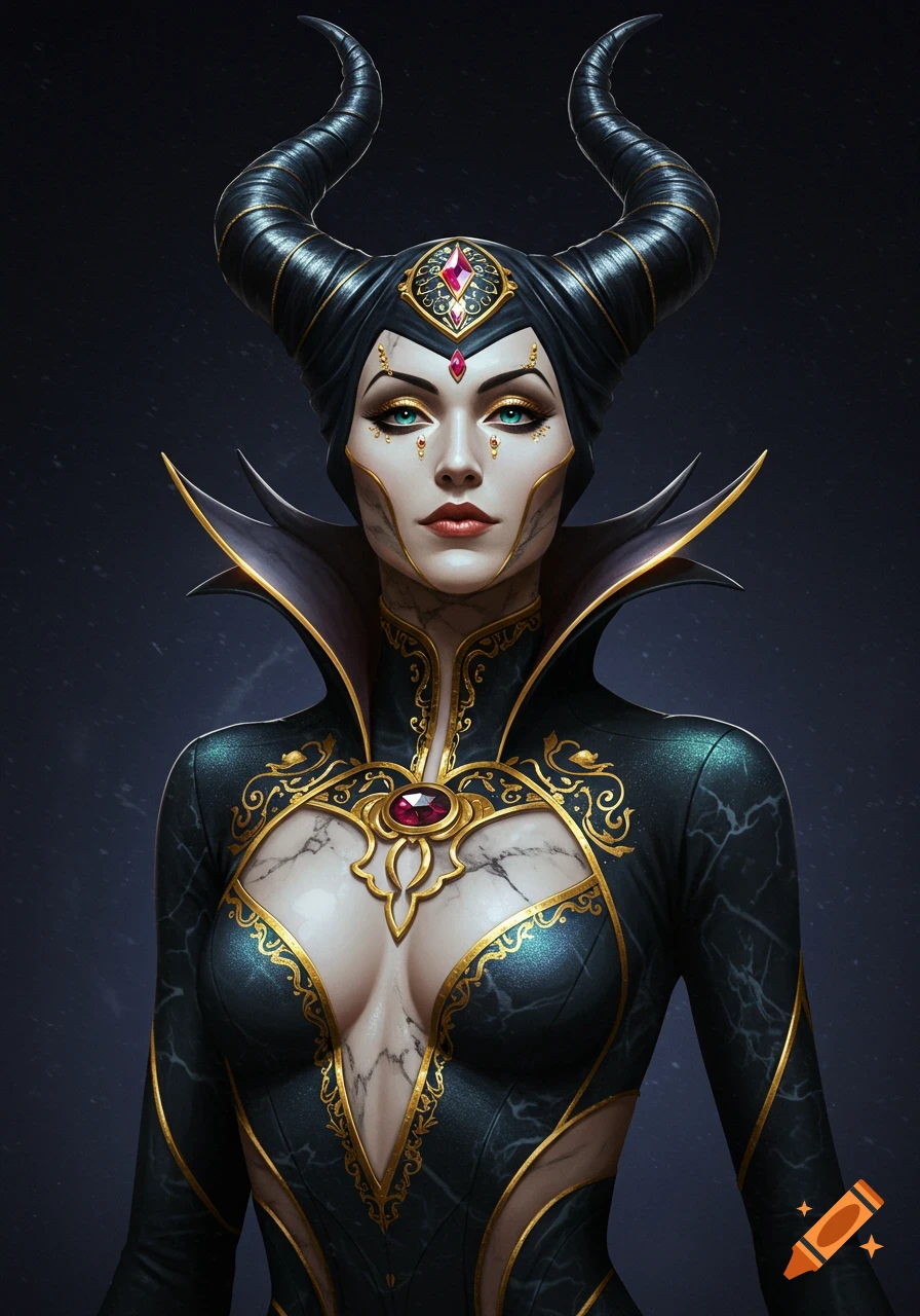 A fantasy villainess with horns, dark ornate clothing, and stylized makeup.