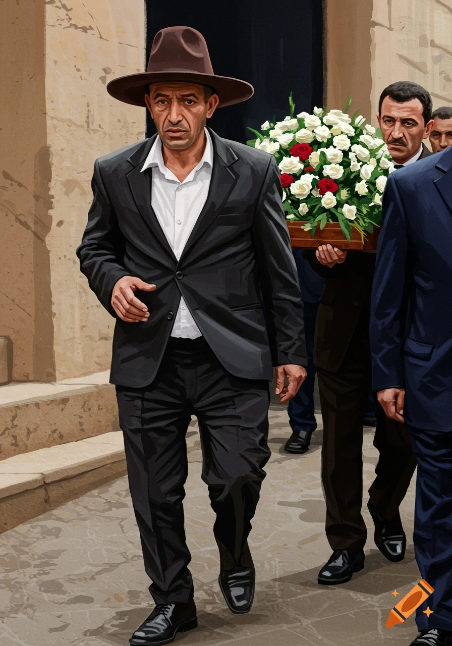 Illustration of a man in a suit and hat walking, with people carrying flowers behind him.