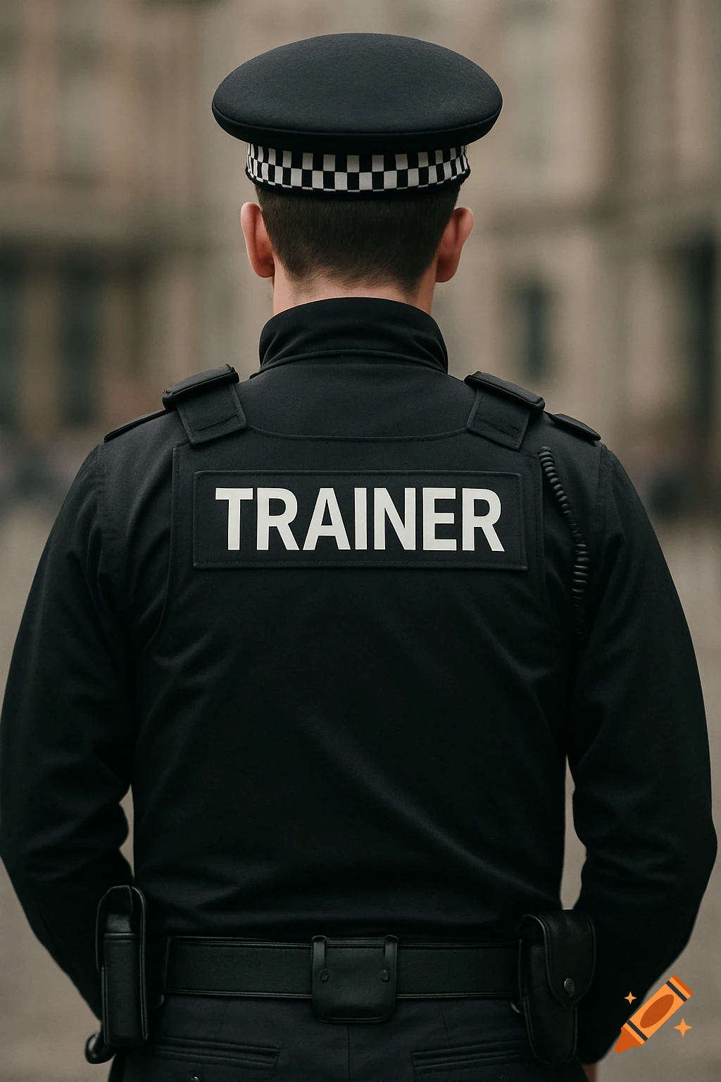 A police officer in a black uniform seen from behind, with the word 'TRAINER' on the back.