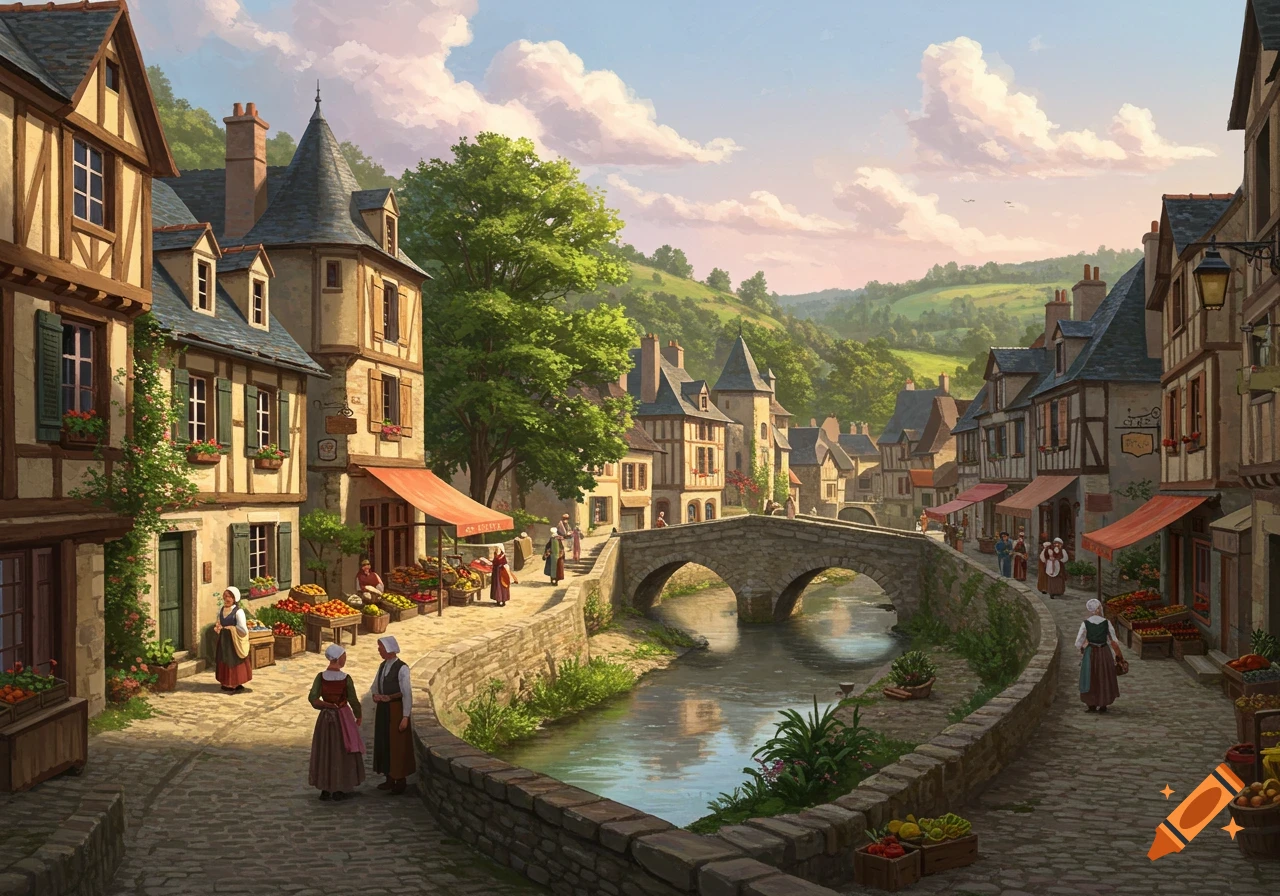 Painted scene of an old European village street next to a river with a stone bridge, buildings, and people.