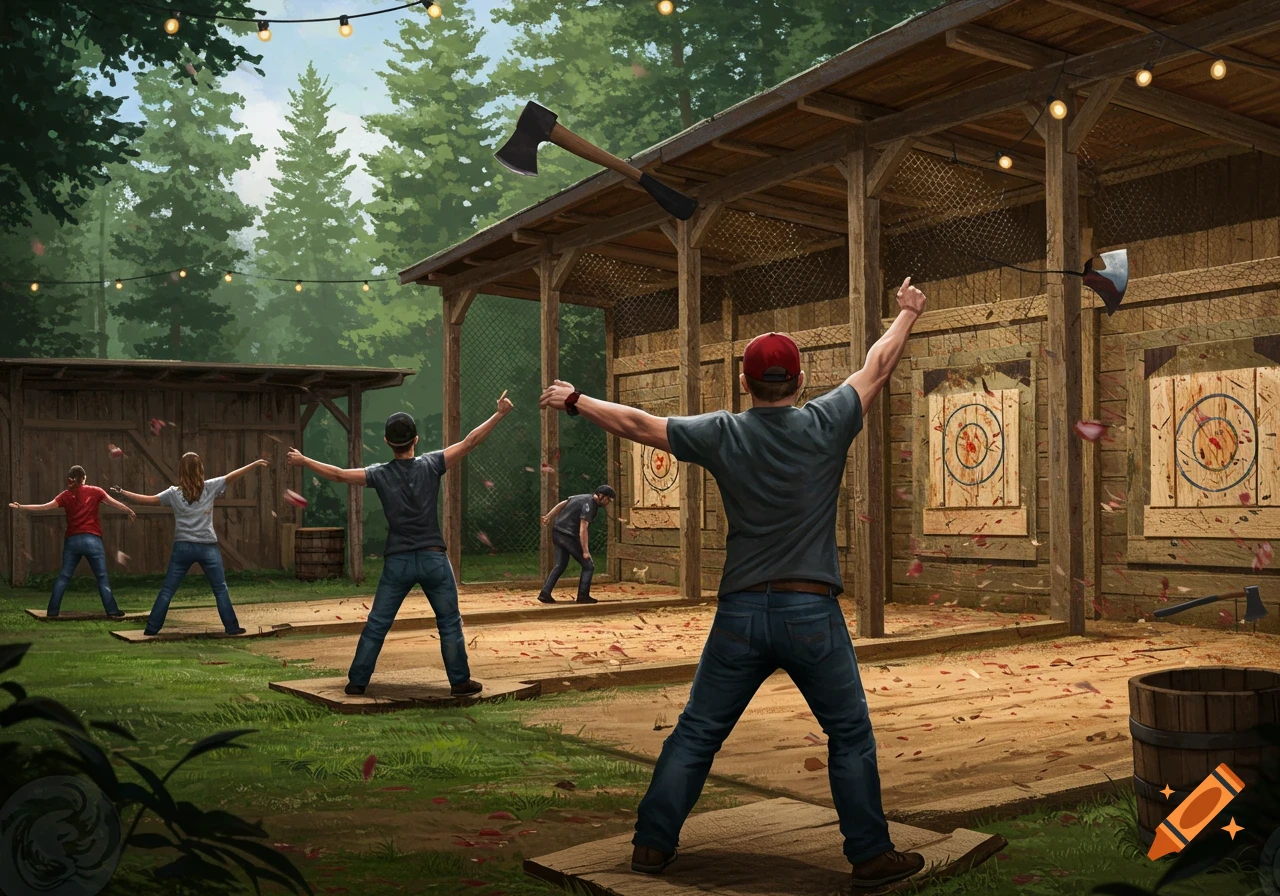 People throwing axes at targets at an outdoor axe throwing range.