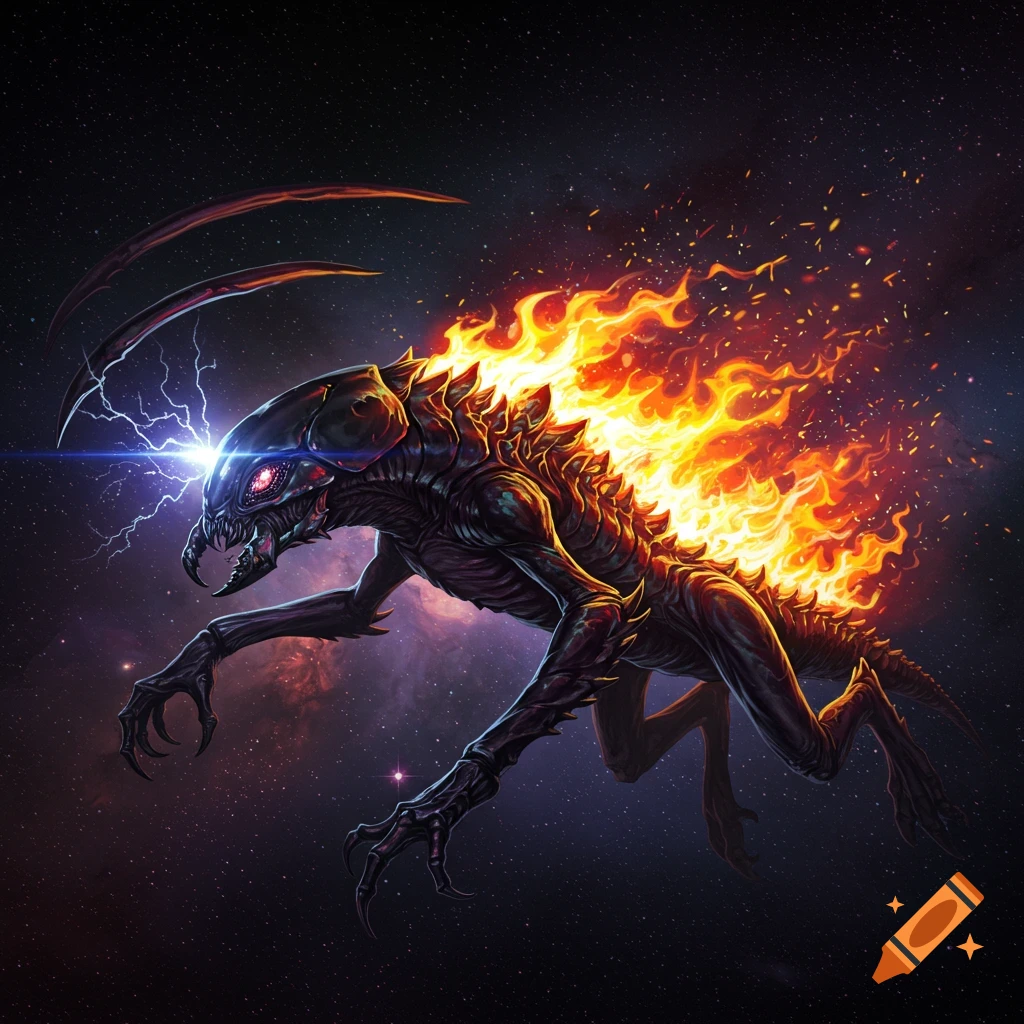 Alien creature with fire on back, alien pincers, and lightning in space.