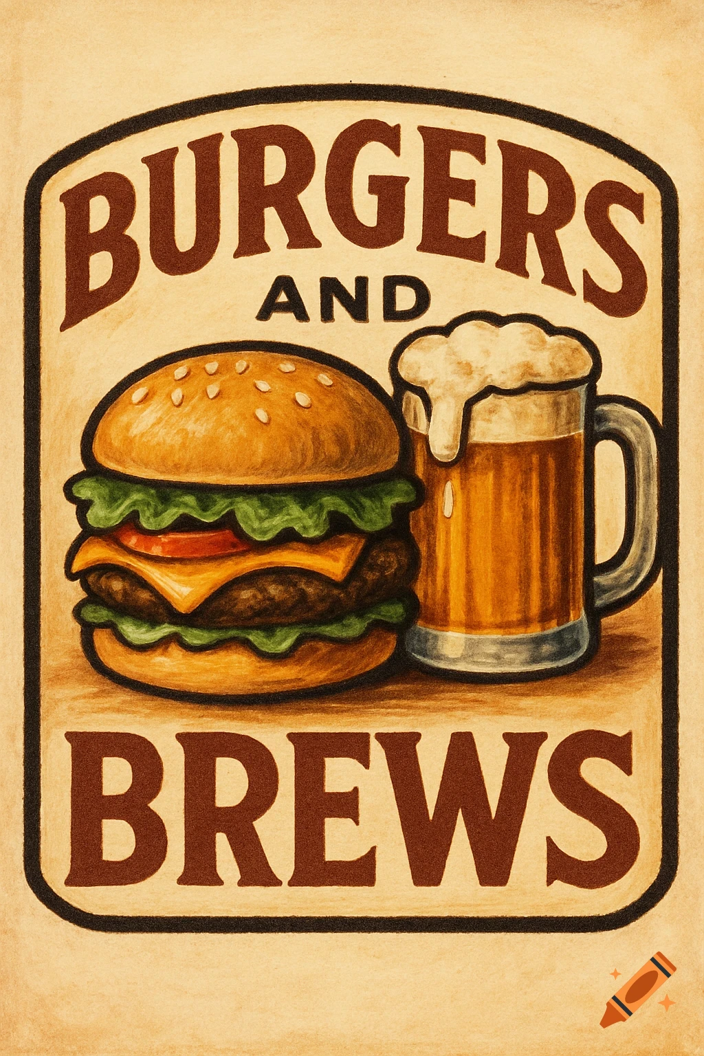A vintage-style poster logo for "Burgers and Brews" featuring a cheeseburger and a mug of beer.