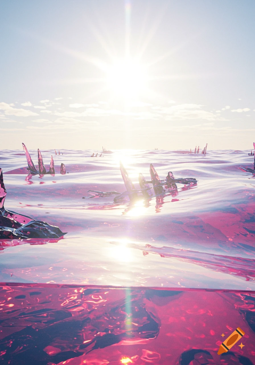 A vibrant pink, reflective water surface with crystal spikes emerging under a bright sun.