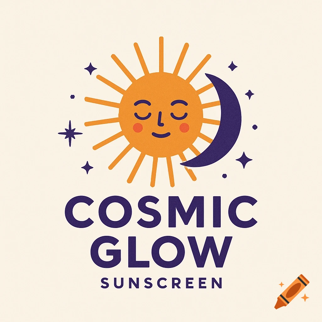 A logo featuring a stylized sun with a face and a crescent moon, surrounded by stars, above the text COSMIC GLOW SUNSCREEN.