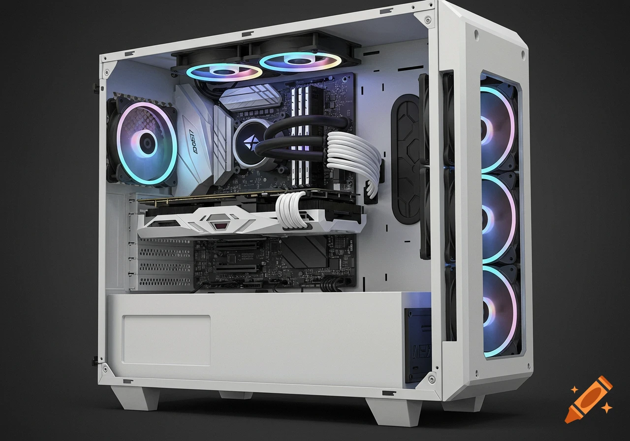 Interior view of a white PC case showing components including a white GPU, black motherboard, and colorful RGB fans.