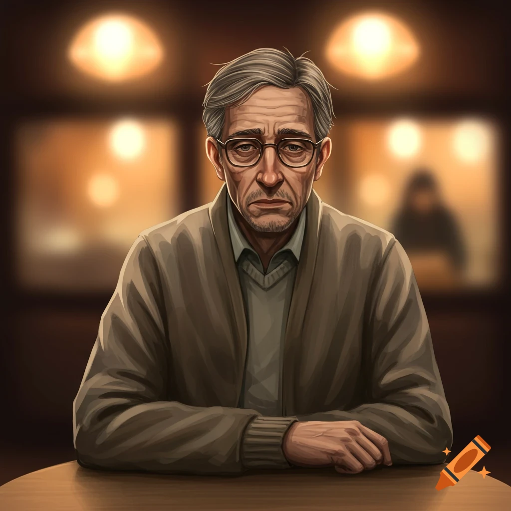 Digital painting of a sad elderly man with glasses, sitting at a table indoors.