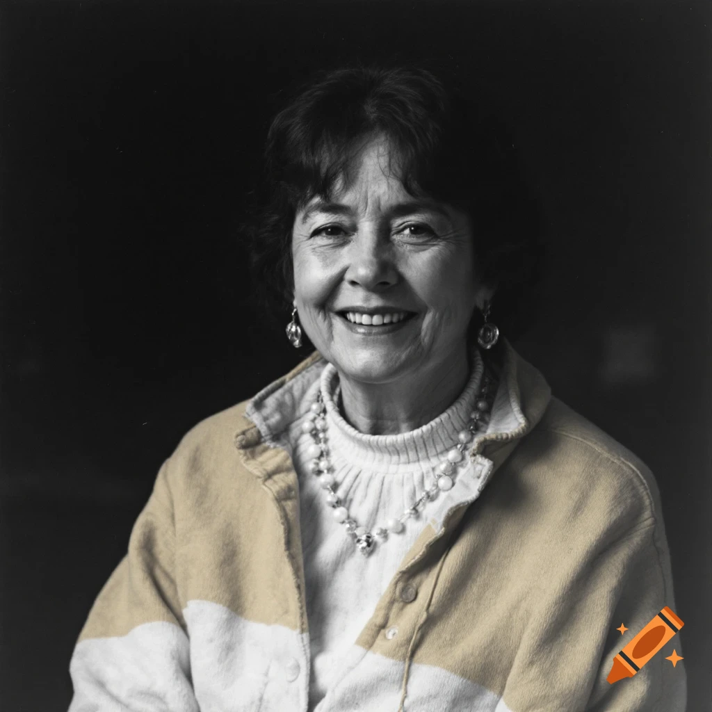 Black and white portrait of a smiling woman wearing a yellow and white jacket and pearl necklace.