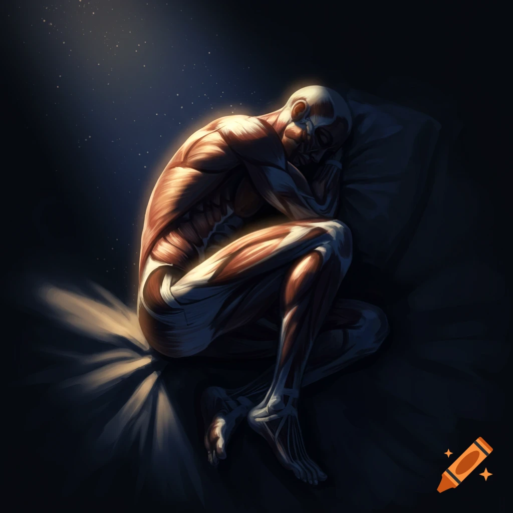 Stylized anatomical figure of a human with muscles and bones showing, sleeping curled up under a beam of light in a dark room.