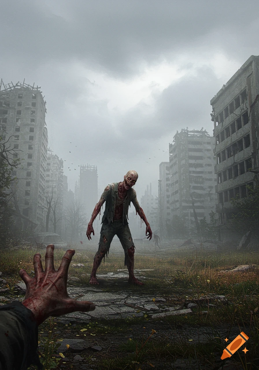 First-person view of a hand reaching towards a zombie in the ruins of a city under a cloudy sky.