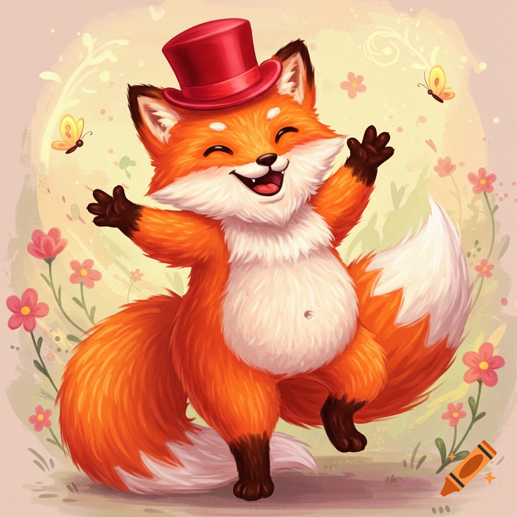 A cartoon fox wearing a red top hat dances in a garden with butterflies and flowers.