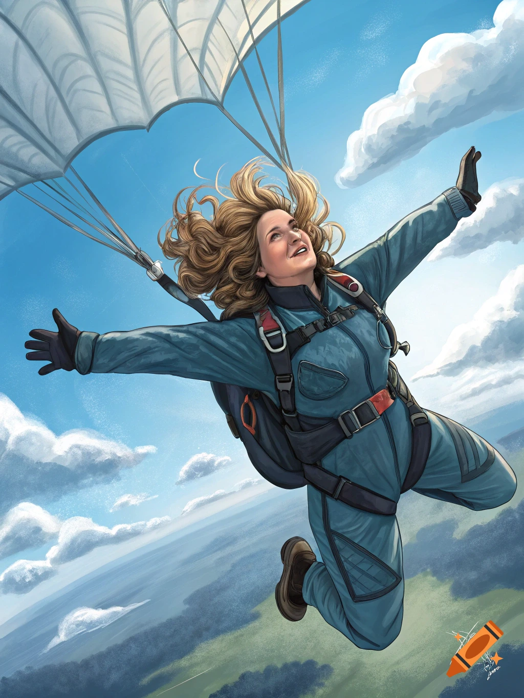 Woman skydiving with arms outstretched, looking up at the sky and clouds, illustration