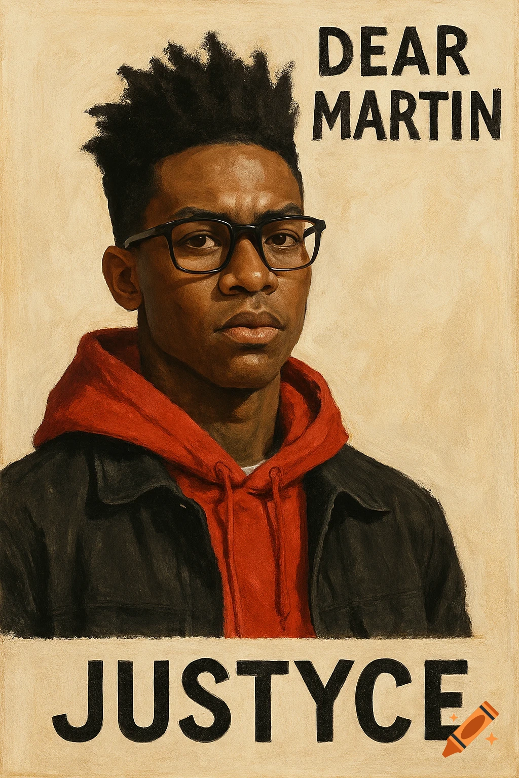 Painterly portrait of a young Black man with glasses and red hoodie, with text 'DEAR MARTIN' and 'JUSTYCE'.