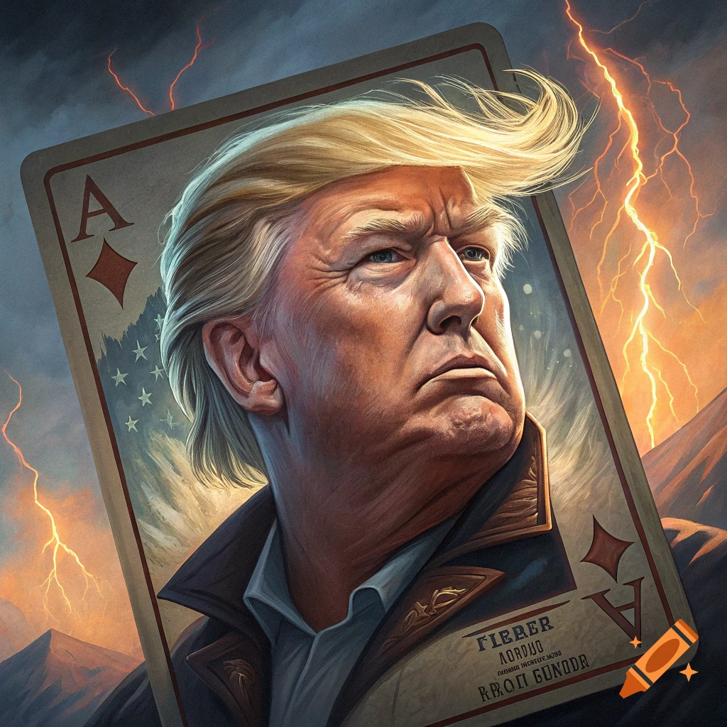 Illustration of Donald Trump's face on an Ace of Diamonds playing card with lightning in the background.