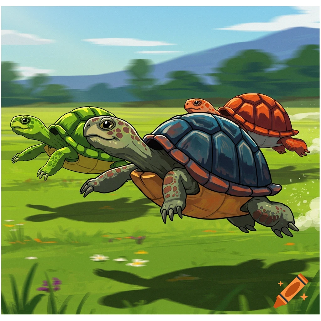 Cartoon illustration of three turtles racing over a green field.