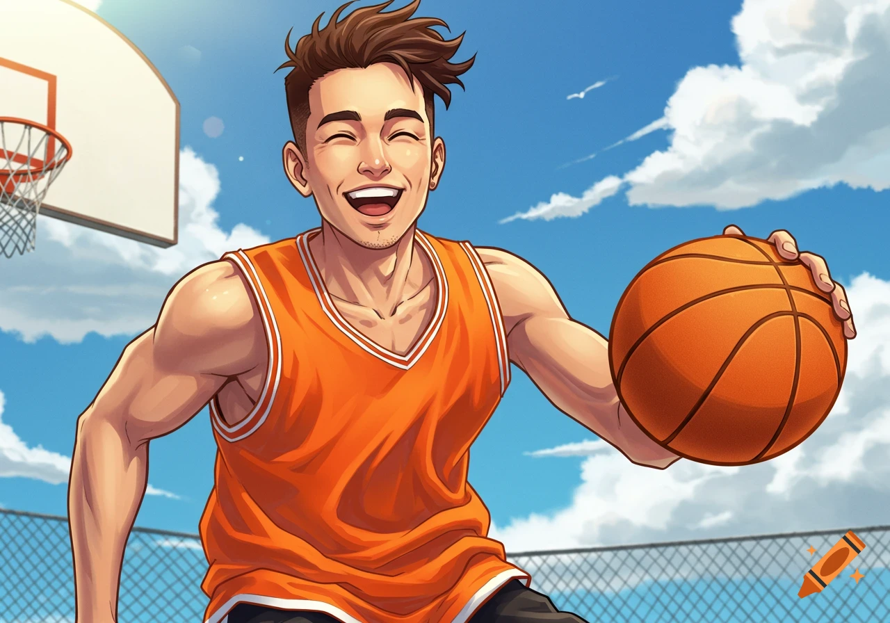 Anime style illustration of a man playing basketball outdoors.