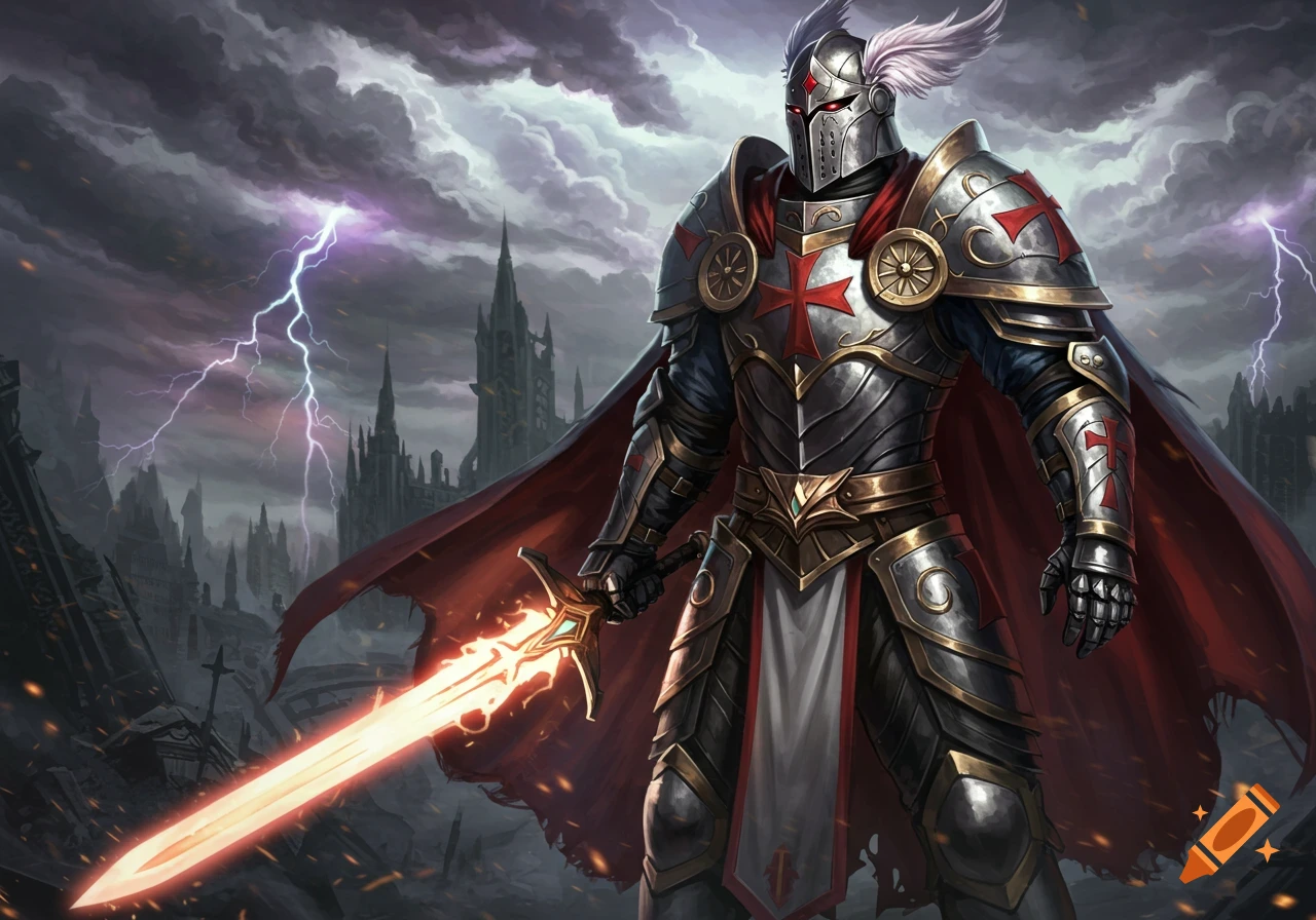An epic fantasy illustration of a knight in ornate armor holding a glowing sword against a storm background with ruined buildings and lightning.