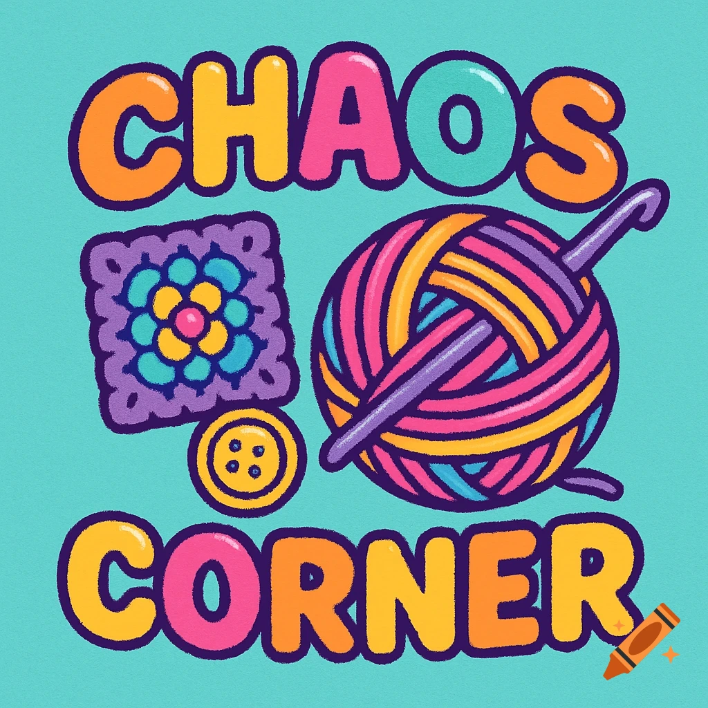 Colorful cartoon logo for 'Chaos Corner' with bubble letters, yarn, hook, granny square, and button.