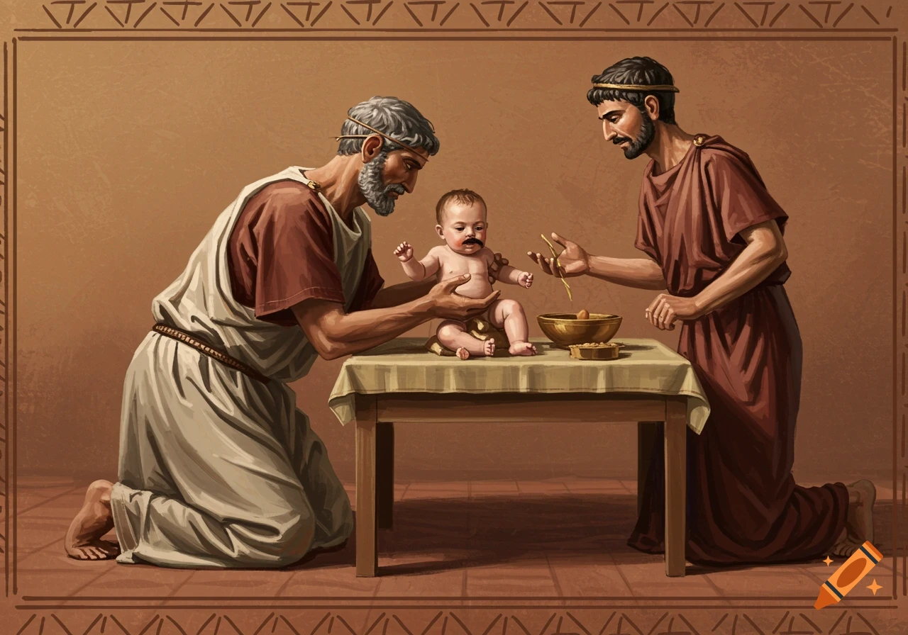 Two men in ancient Roman clothing tending to a baby with a mustache on a table, illustration