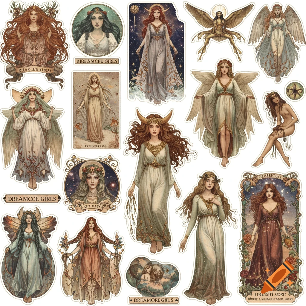 Sheet of fantasy surrealism stickers featuring ethereal female figures with flowing hair, celestial elements, and whimsical details.