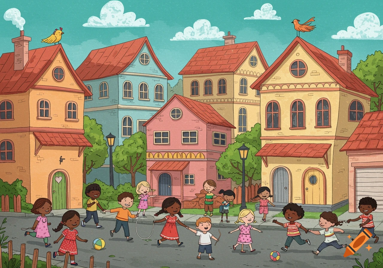 Colorful cartoon illustration of children playing in a village street.