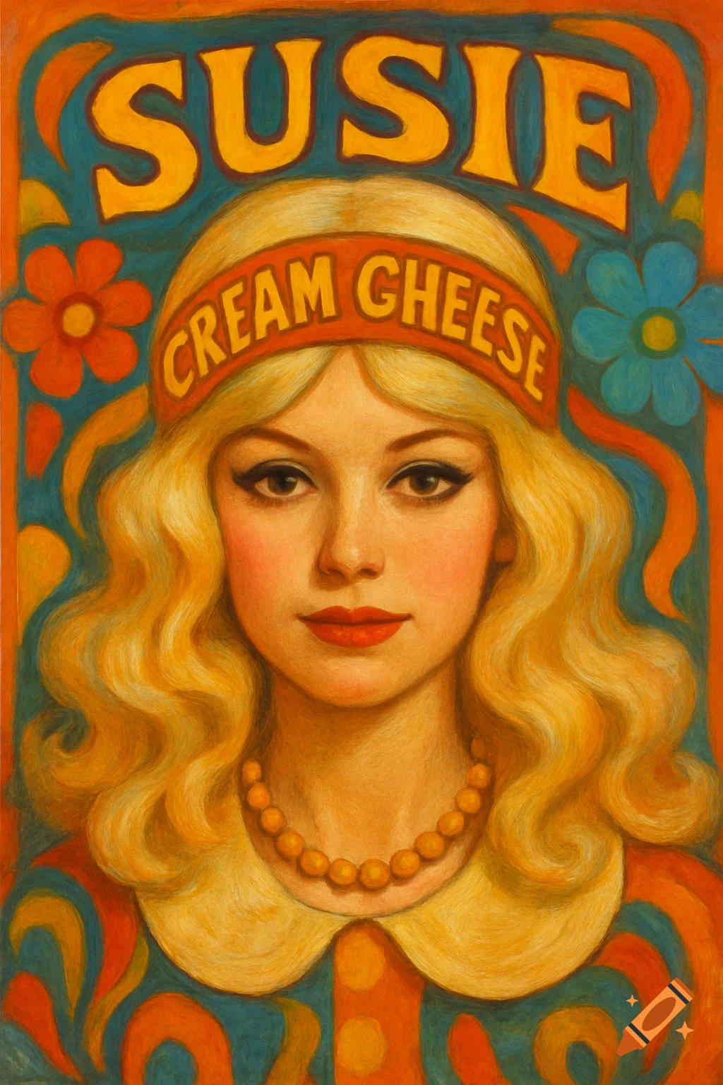 Retro style painting of a woman with "Susie Cream Cheese" text.