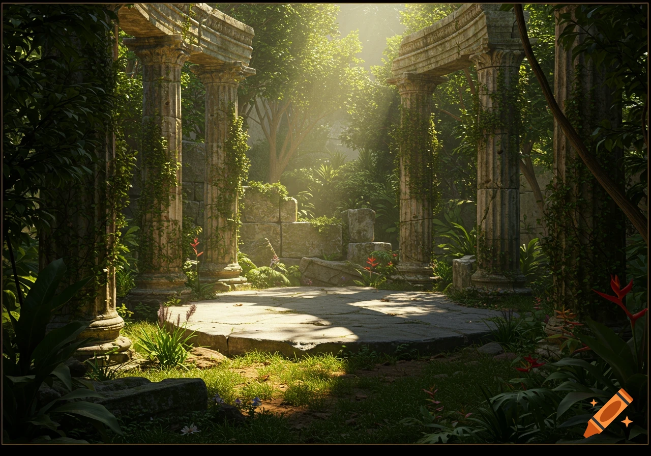 Sunlight streams through trees onto overgrown Roman ruins in a jungle setting.