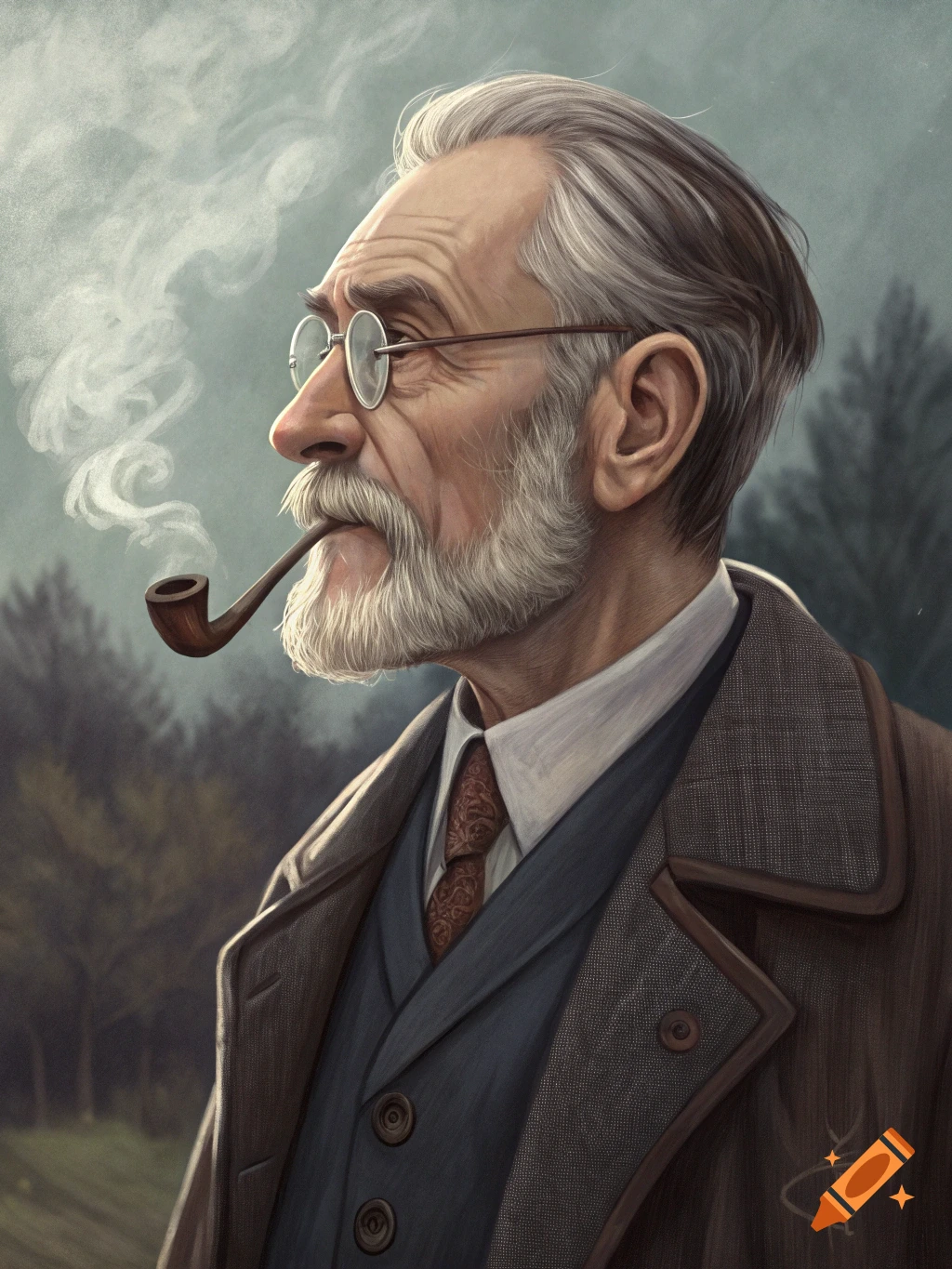 Portrait of an older man with glasses and a beard, smoking a pipe, wearing a tweed suit.