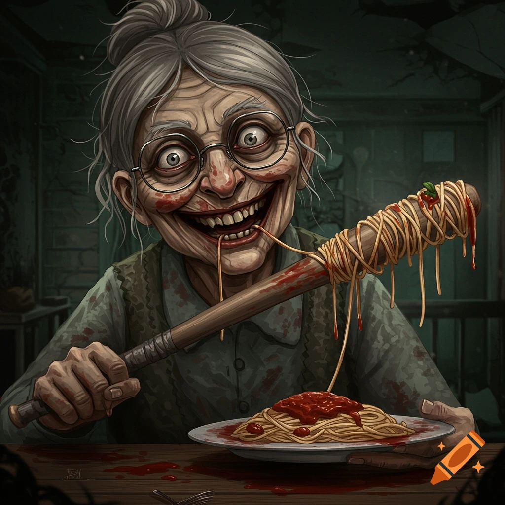 Grotesque old woman from a horror game eating spaghetti from a blood-stained baseball bat with a wide grin.
