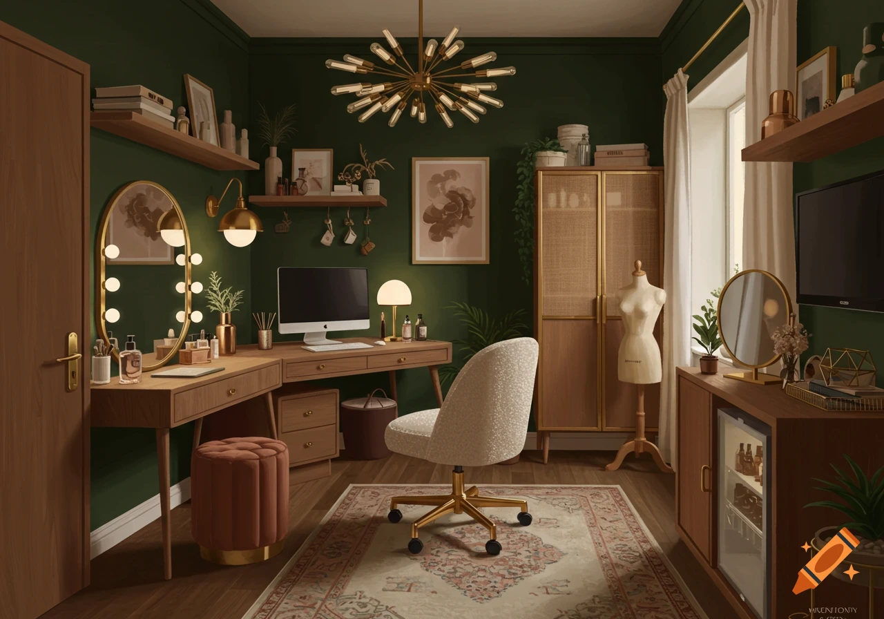 A modern boho home office and vanity area with green walls, wood and rattan furniture, gold accents, and a plush chair.