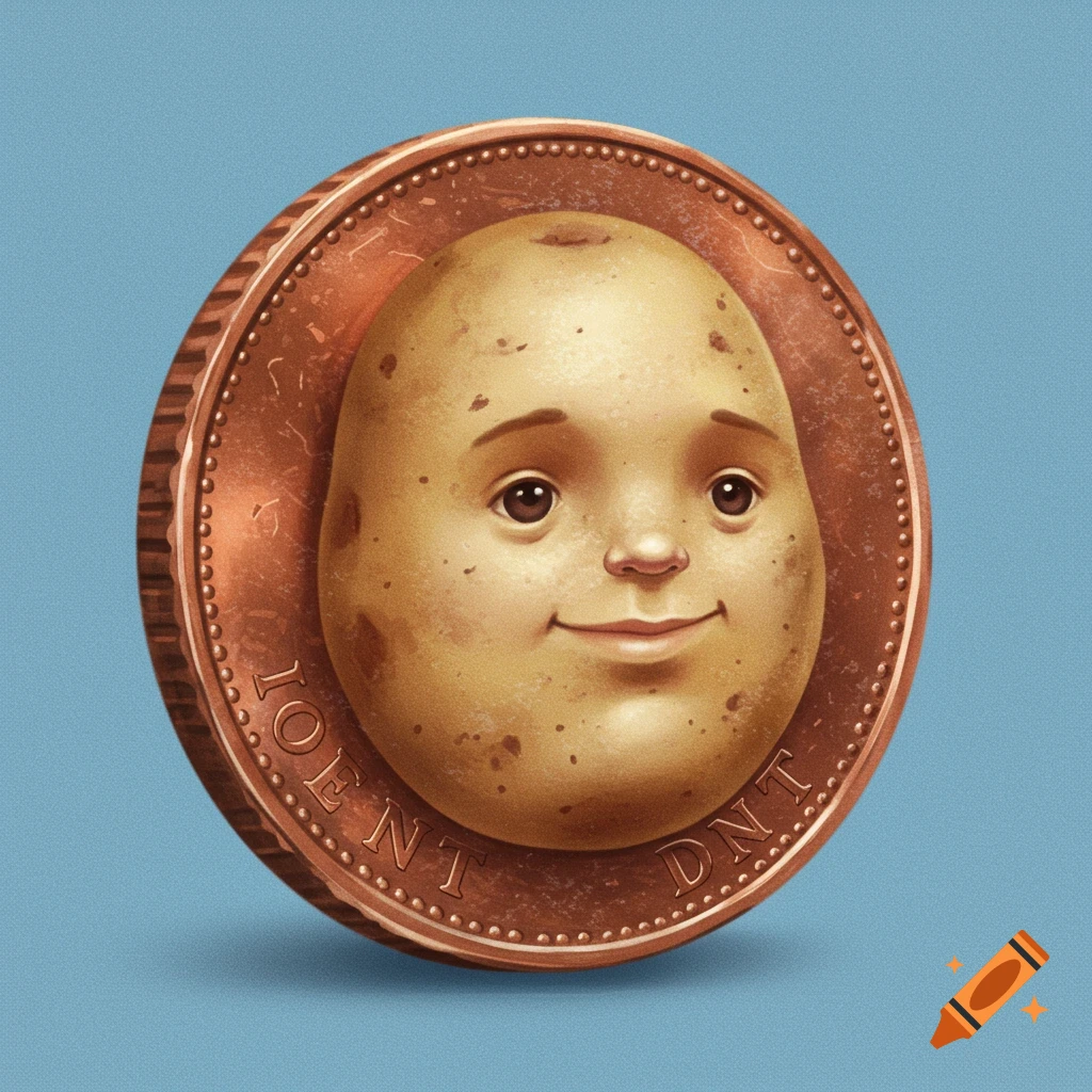 A detailed illustration of a copper coin featuring a cartoon-like smiling potato face in the center, set against a blue background.