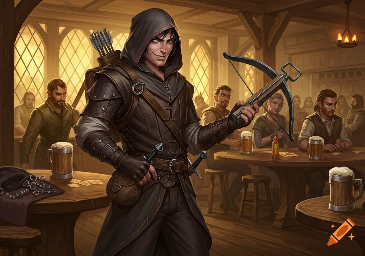 A rogue or ranger character in a tavern, wearing a hood and holding a crossbow, with patrons in the background. Fantasy art style.