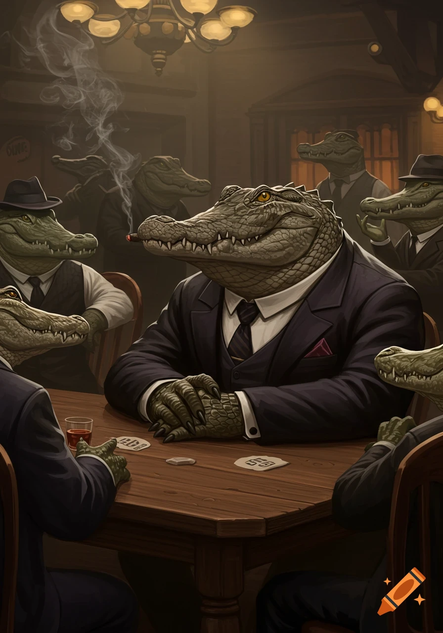 Anthropomorphic alligators in suits playing poker in a smoky room, stylized art.