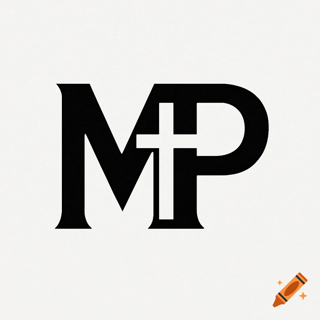 Simple black logo featuring the letters M and P overlapping, with a white Christian cross in the area of overlap, on a white background.
