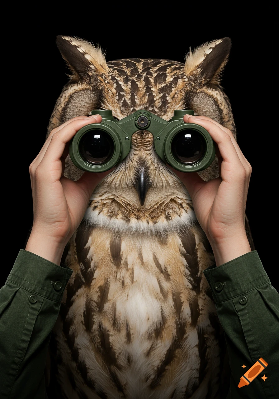 Photorealistic portrait of an owl holding binoculars with human-like hands.