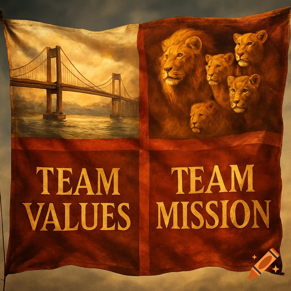 Painting of a flag with a bridge, a pride of lions, 'Team Values', and 'Team Mission'.