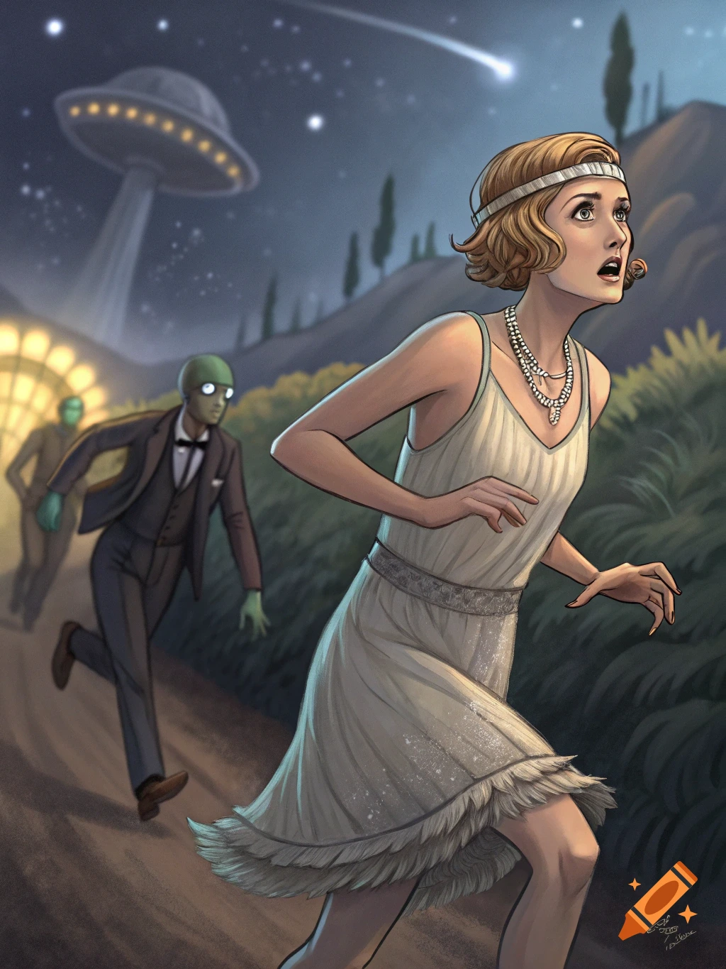 A woman in 1920s attire runs from aliens beneath a UFO and a shooting star.