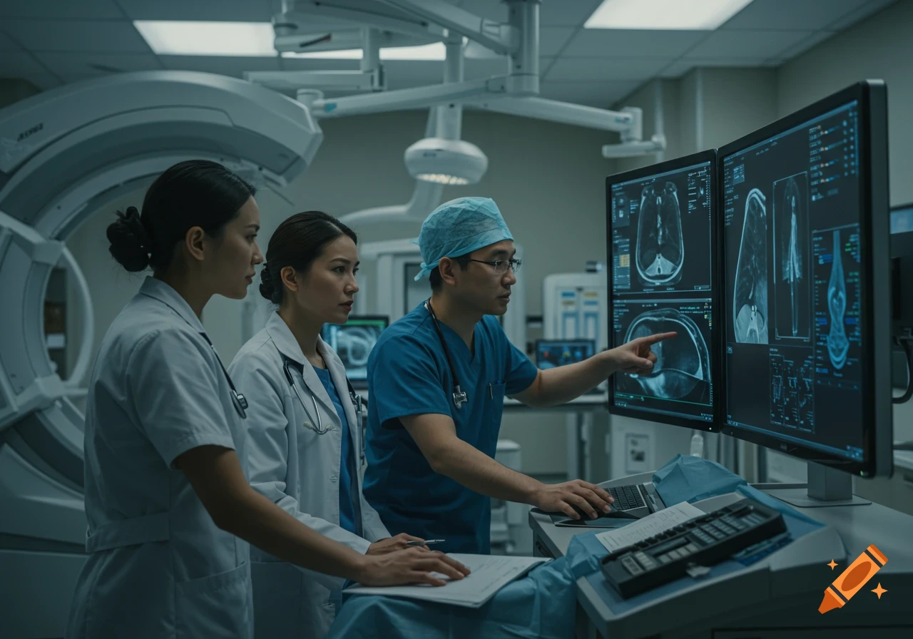 Three medical professionals examine scans on large monitors in a hospital setting.